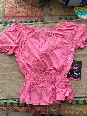 PINK Victoria's Secret Off-Shoulder Pink Smocked Waist Top